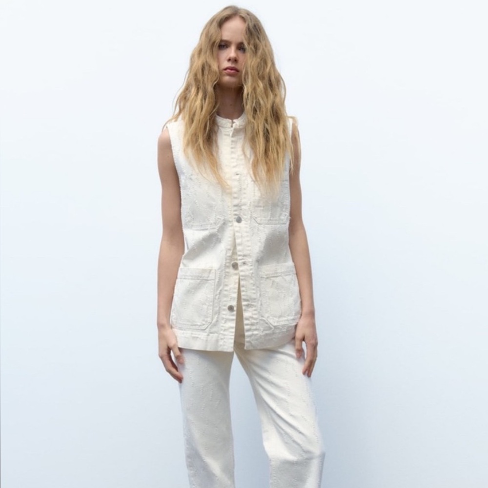 Zara Ecru Denim Textured Pocket Vest
